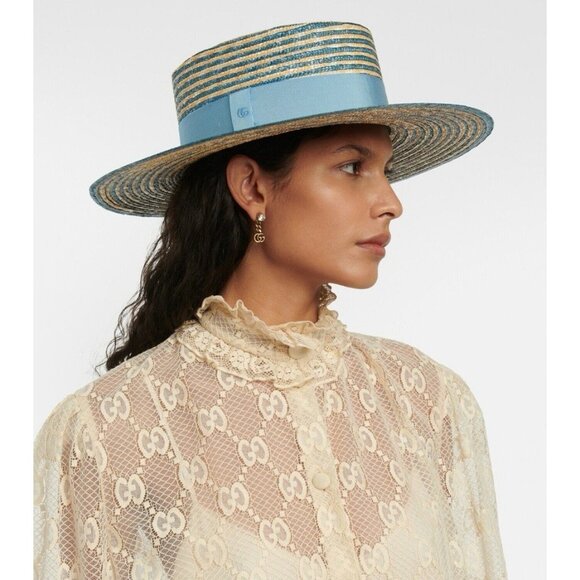 NWT GUCCI BLUE STRAW STRIPED HAT BOATER 100% Authentic Size M - Picture 2 of 10